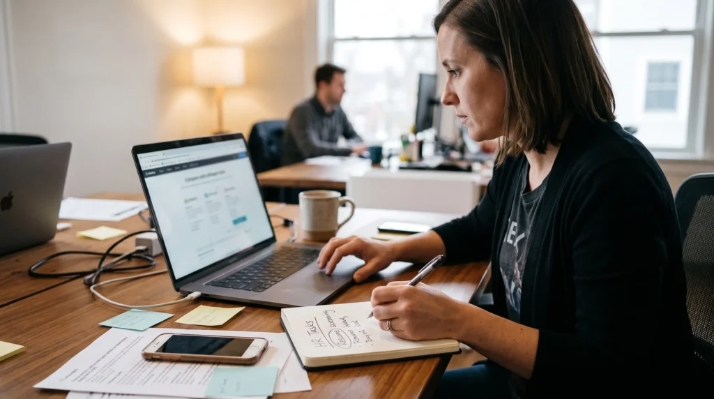 HR specialist listing time-consuming HR tasks in a notebook to pick the right free AI tool for resume screening.