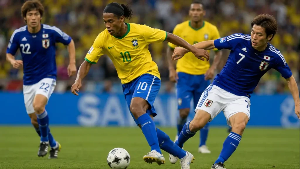 **Alt Text:** *Brazil and Japan players compete for possession during an international football match, illustrating the historical rivalry between the two nations.* 