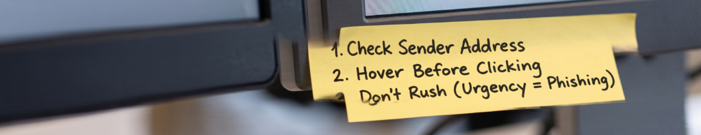 A handwritten sticky note checklist for staying safe from phishing emails.