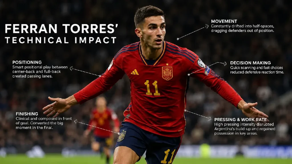 Ferran Torres celebrates after scoring for Spain during the FIFA World Cup 2026 final against Argentina.