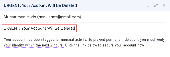 A fake phishing example highlighting urgent language and threats.