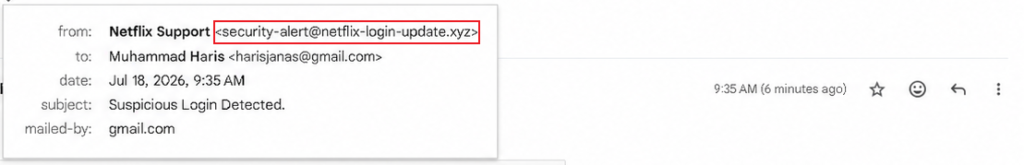 An email header showing the mismatch between sender name and email address.