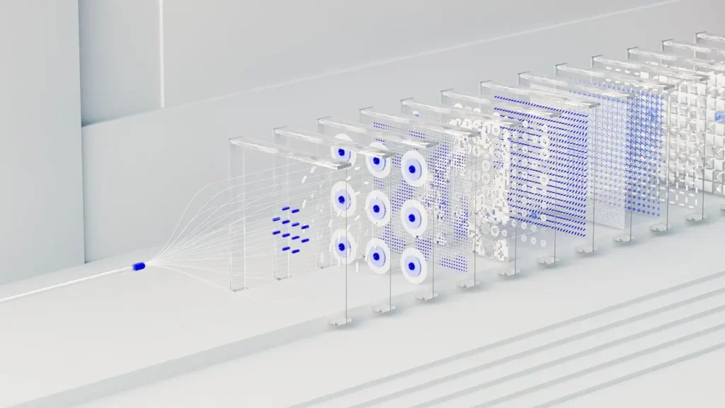 Abstract visualization of an AI policy intake framework showing data streams passing through multi-stage transparent screening and routing filters.