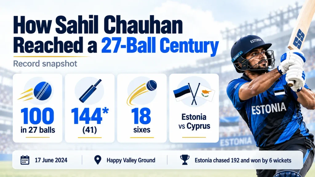 Sahil Chauhan 27-ball T20I century infographic with 144 not out and 18 sixes