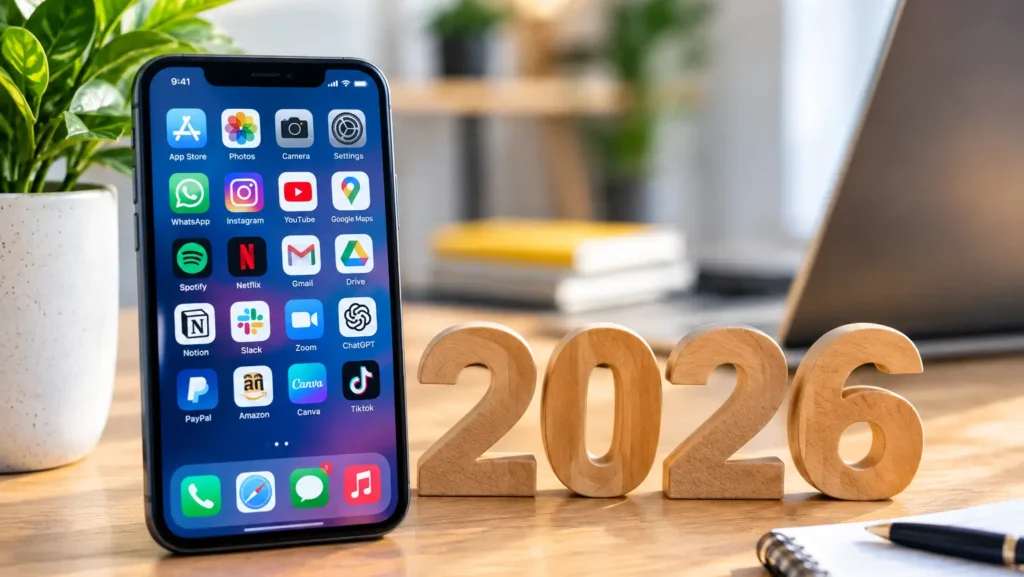 Smartphone displaying mobile apps beside 2026 technology concept