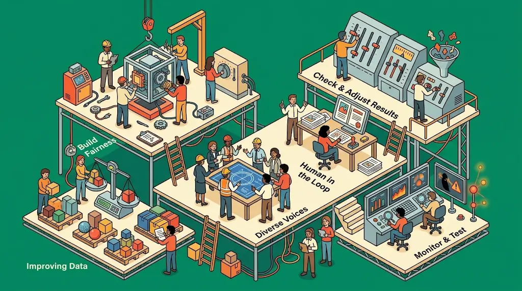 Isometric diagram of six AI bias mitigation strategies: data improvement, fairness design, diverse teams, and monitoring.