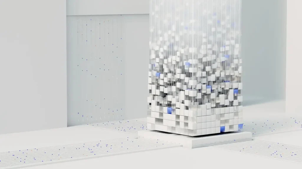 3D abstract data cube tower with flowing data tracks illustrating how to build a machine learning model