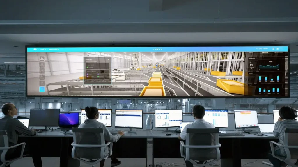 Operators monitoring digital twin smart factory logistics illustrating real-world AI industry use cases