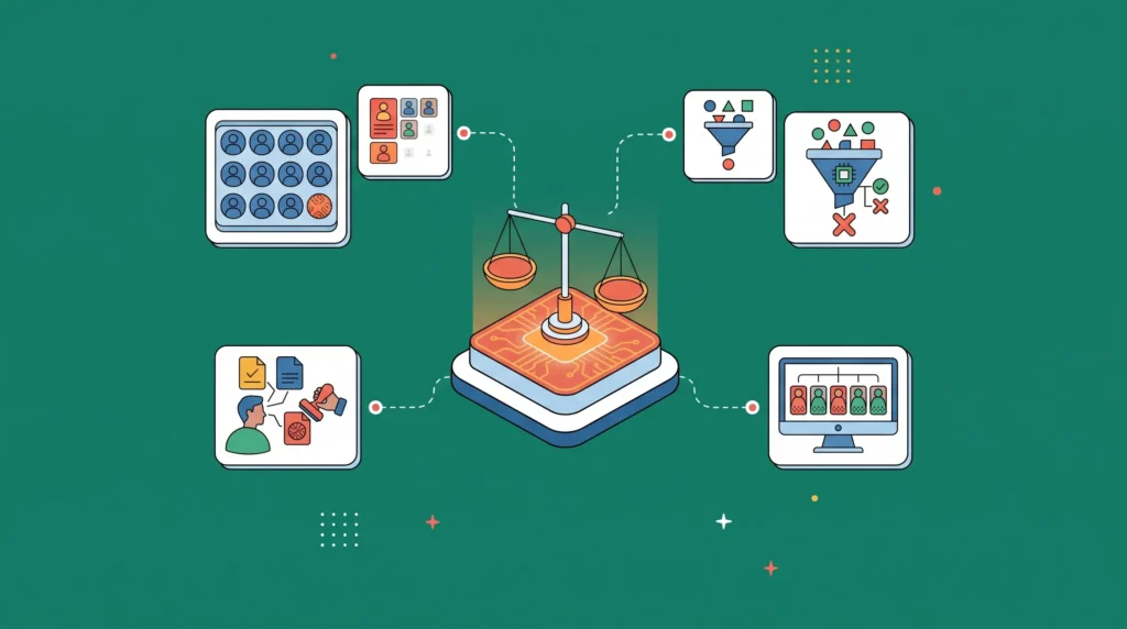 Illustration showing types of AI bias, including training data disparities, algorithmic filtering, and human review.