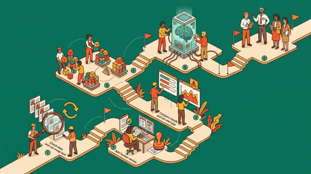 Step-by-step roadmap showing where to start AI bias mitigation, from swap tests and human review to outside audits.